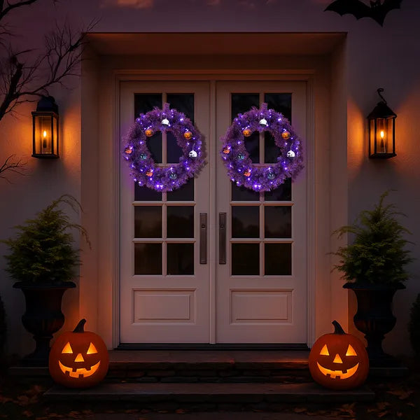 24-Inch Halloween-Themed Christmas Wreath with LED Lights
