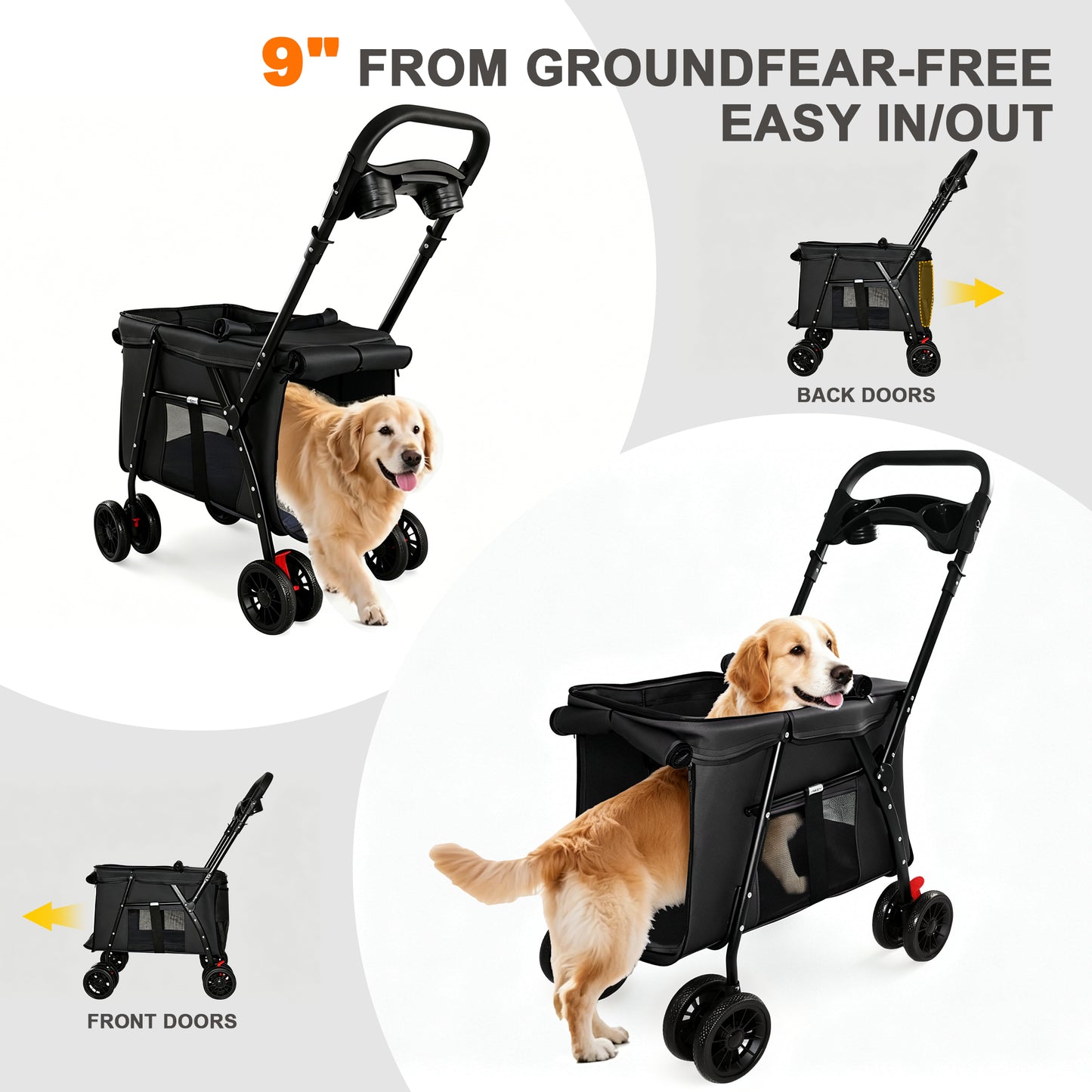 Foldable Pet Stroller for Small Medium Dogs Cats with Mesh Sides & Safety Leashes
