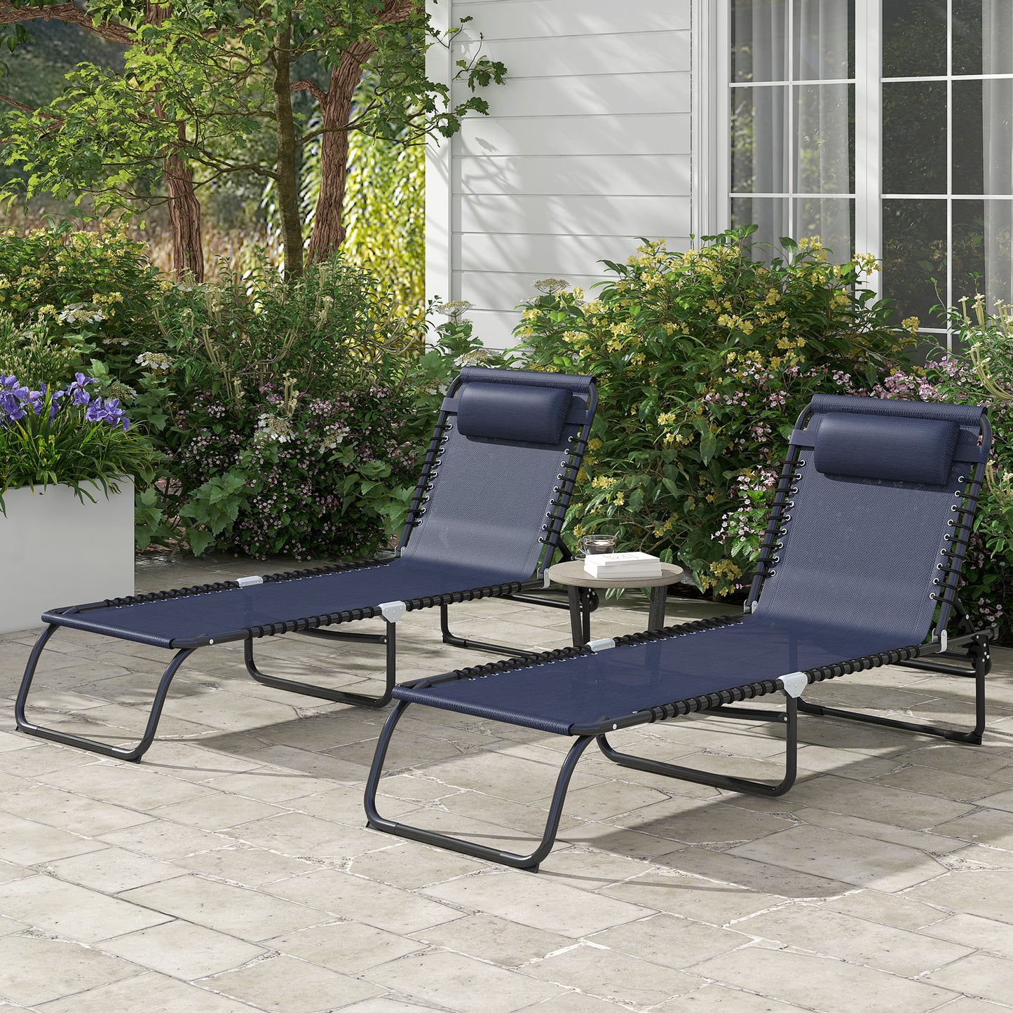 2 Folding Chaise Lounge Pool Chairs with 4-Position Recline - Dark Blue