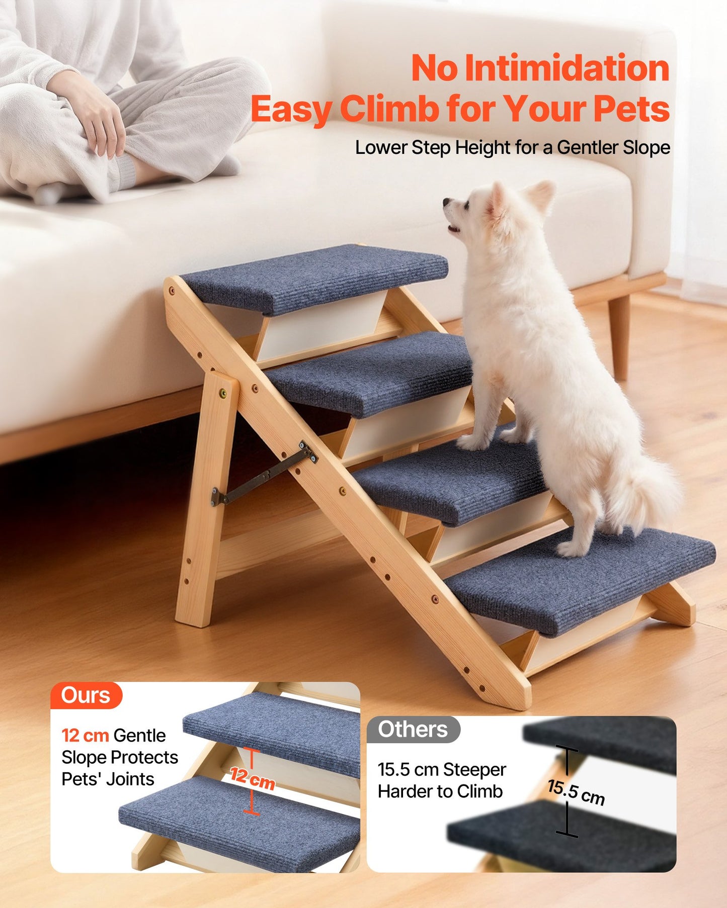 Wood Pet Stairs 4-Step Dog & Cat Ladder for Beds, Sofa & Car, Foldable & Sturdy