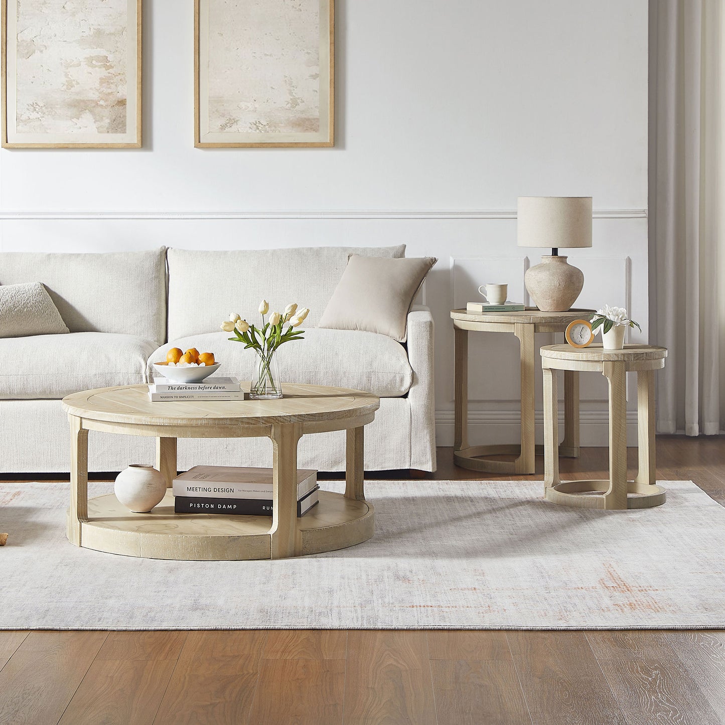24-Inch Round Wooden Coffee Table Set - Oak Finish, 2-Piece
