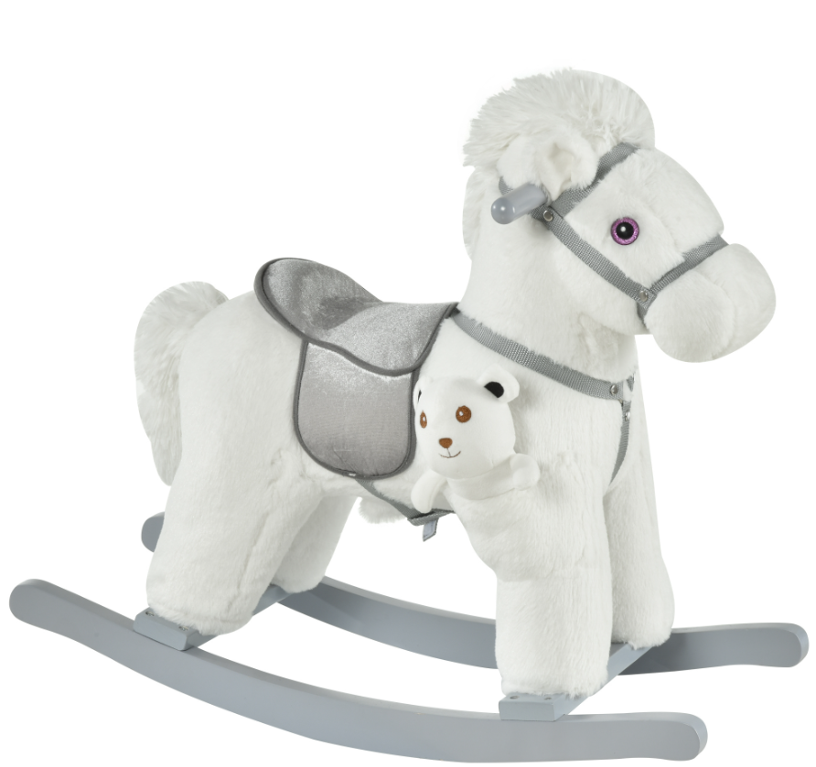White Plush Rocking Horse with Bear Toy for Kids - Soft Sound