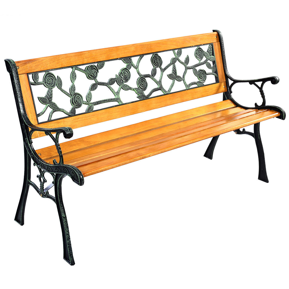 Outdoor Porch Bench - 49.5" Iron Frame with Wooden Seat