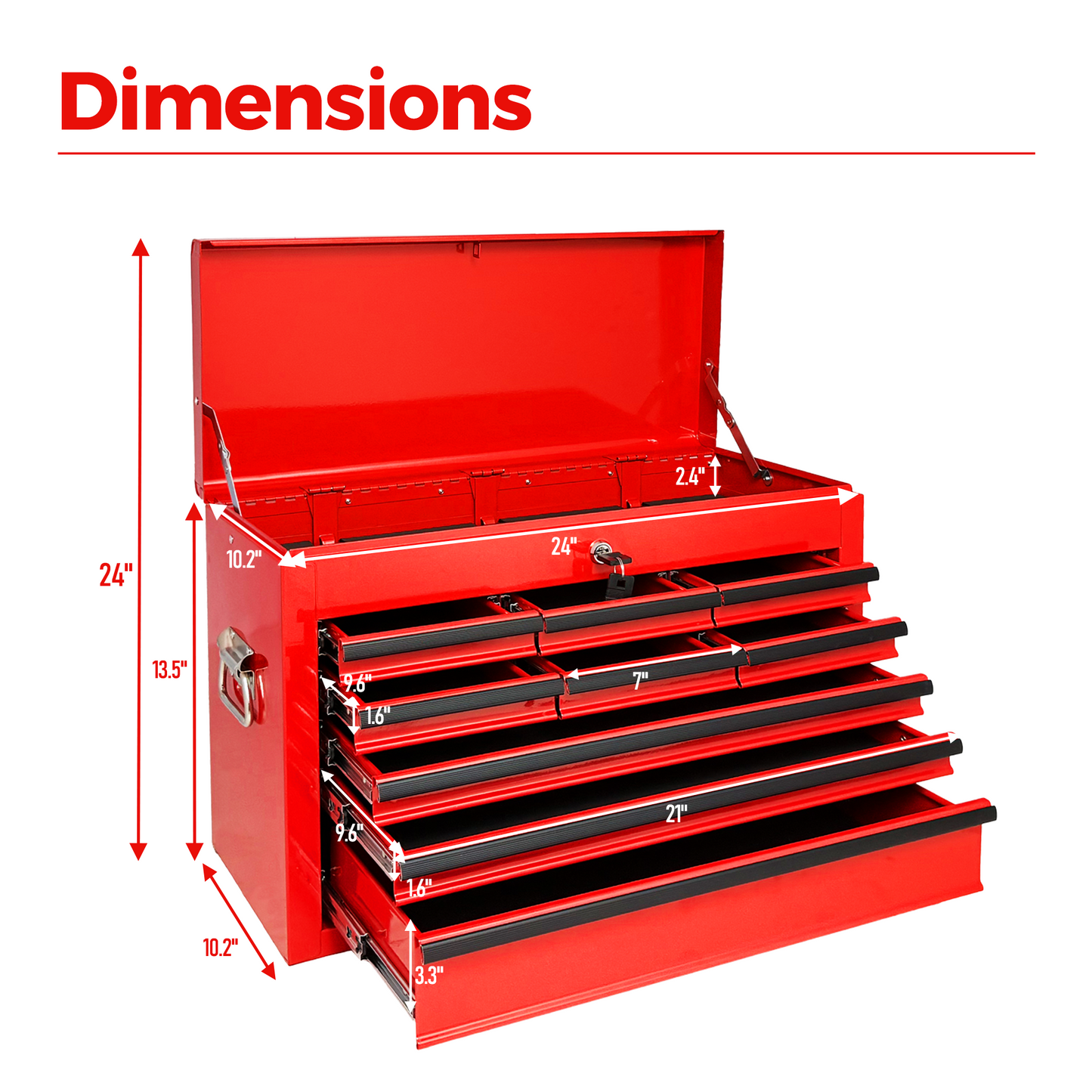 24-Inch Heavy Duty Metal Tool Box with 9 Drawers and Locking System - Red