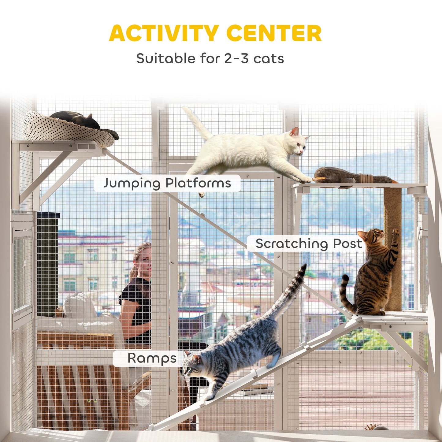 Large Wooden Outdoor Cat Enclosure with Jumping Platforms & Ramps for Cats