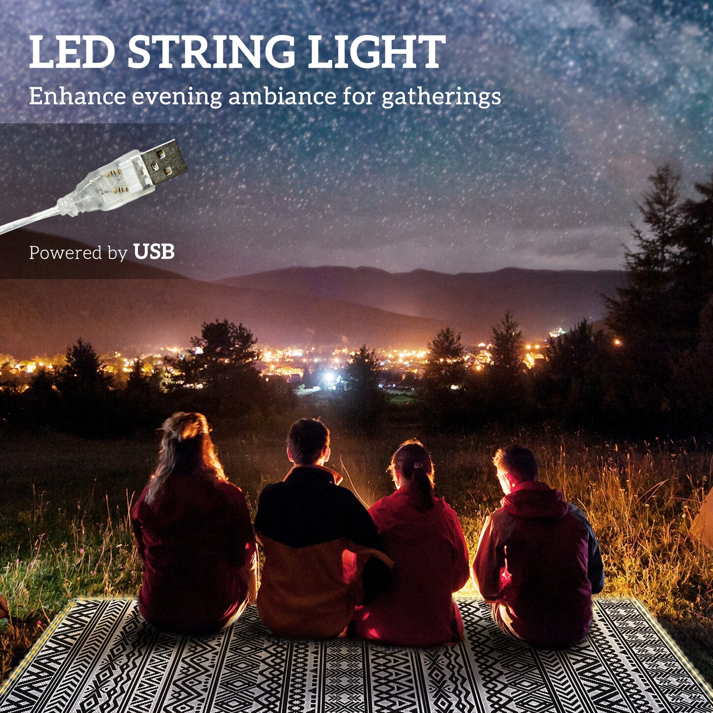 Reversible Outdoor Rug with USB Lights - 10' x 8' Camping Carpet