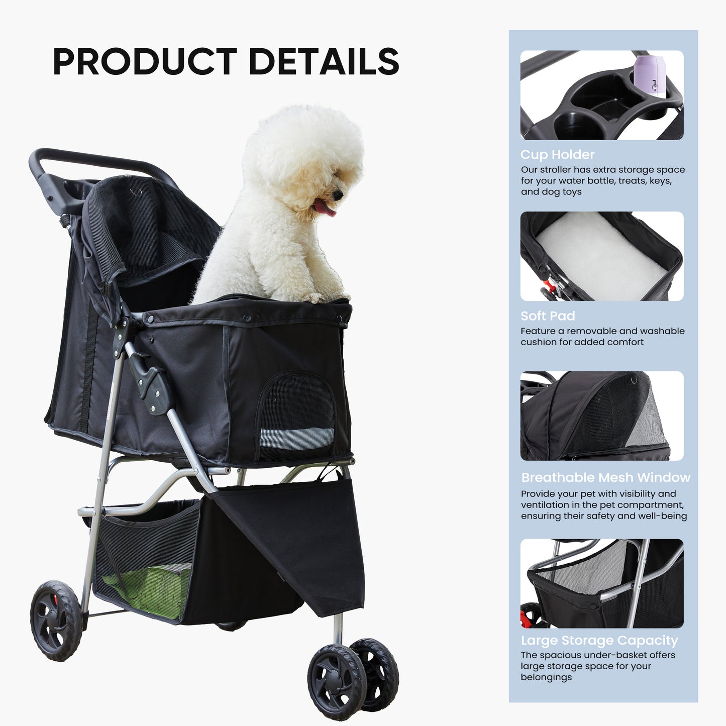 Pet Stroller for Cats and Dogs with Storage and Safety Features - Black