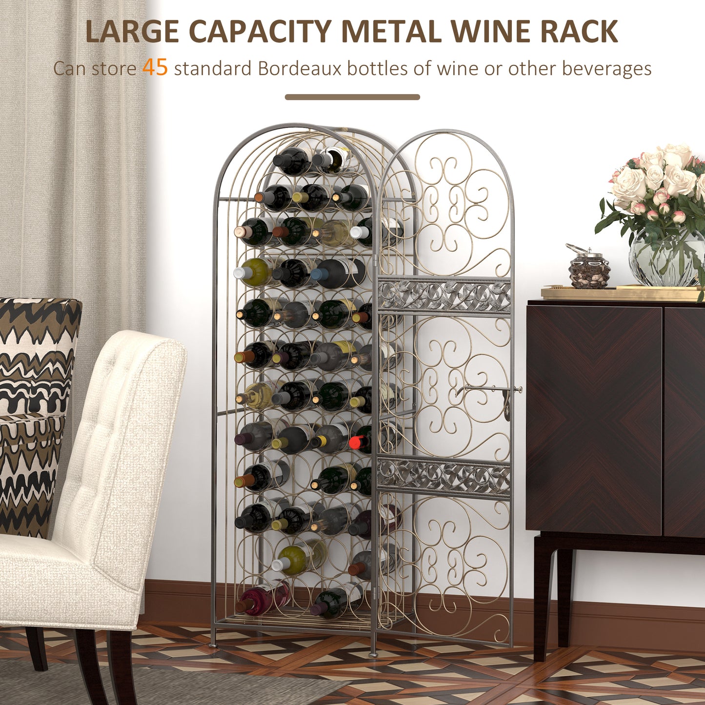 Wrought Iron Wine Rack with Lock - 45 Bottle Holder, Antique Bronze