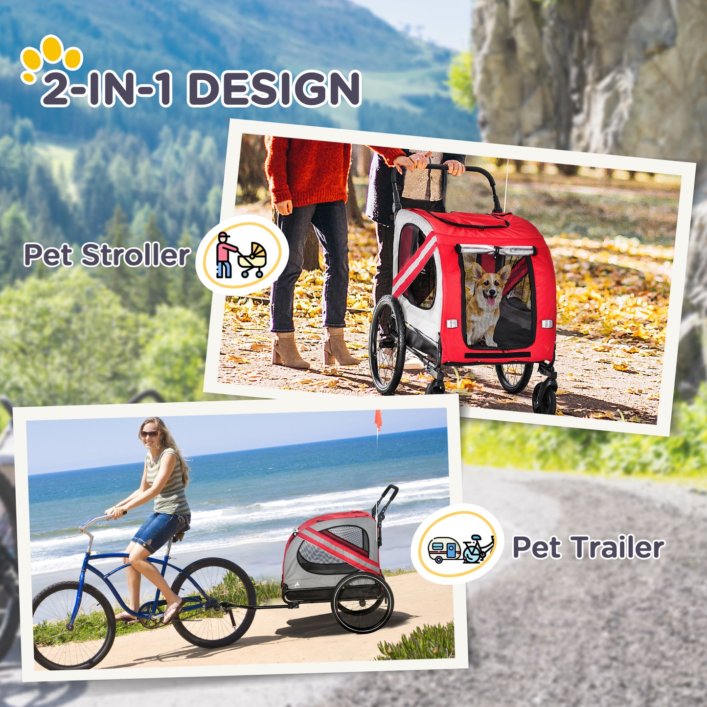 2-in-1 Pet Bicycle Trailer & Stroller for Small Medium Dogs - Weather-Resistant Red