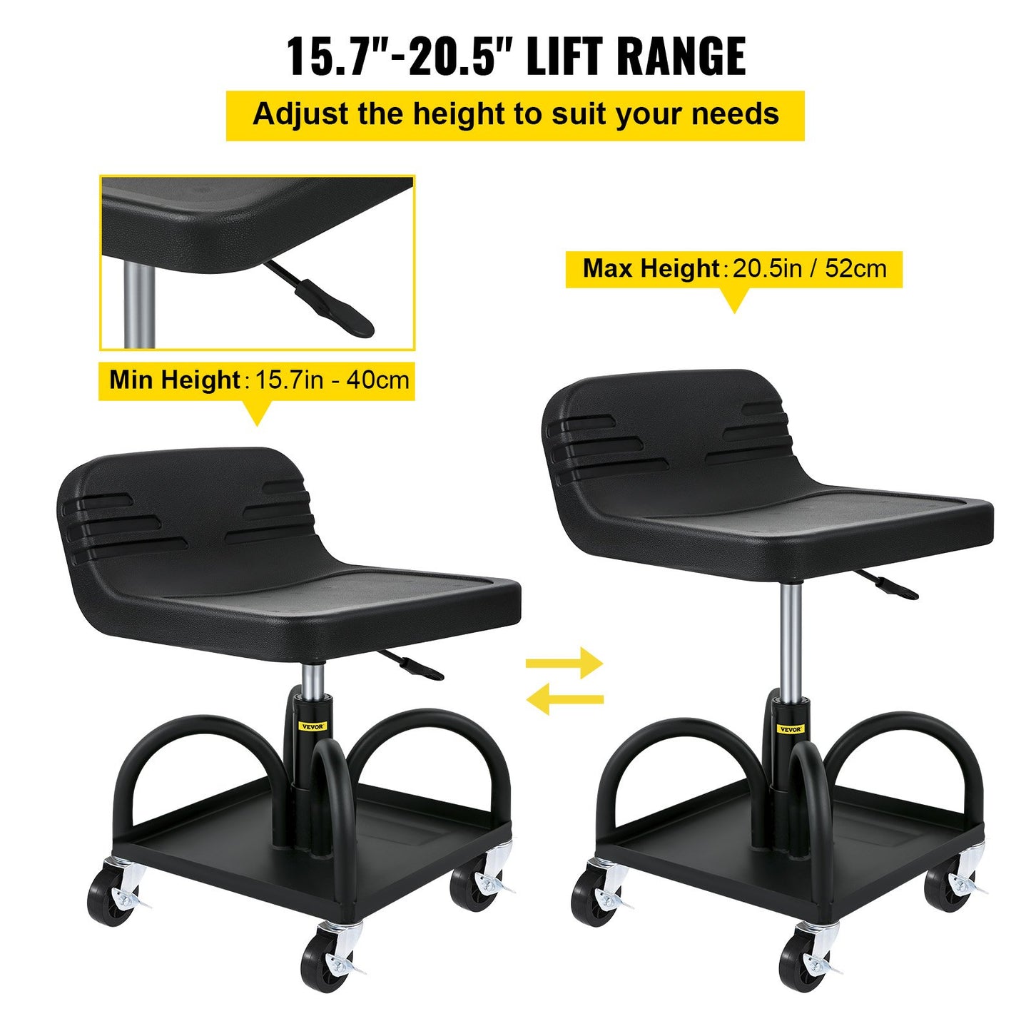 Adjustable Rolling Garage Stool - 300LBS Capacity, Tool Tray