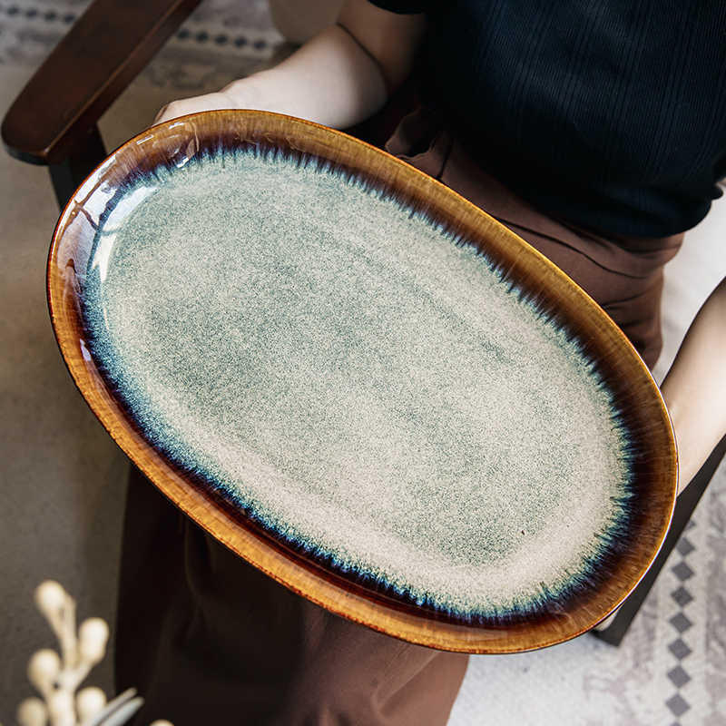 Oval Ceramic Fish Serving Plate 16.5 Inches Brown Edge Kitchen Dinnerware