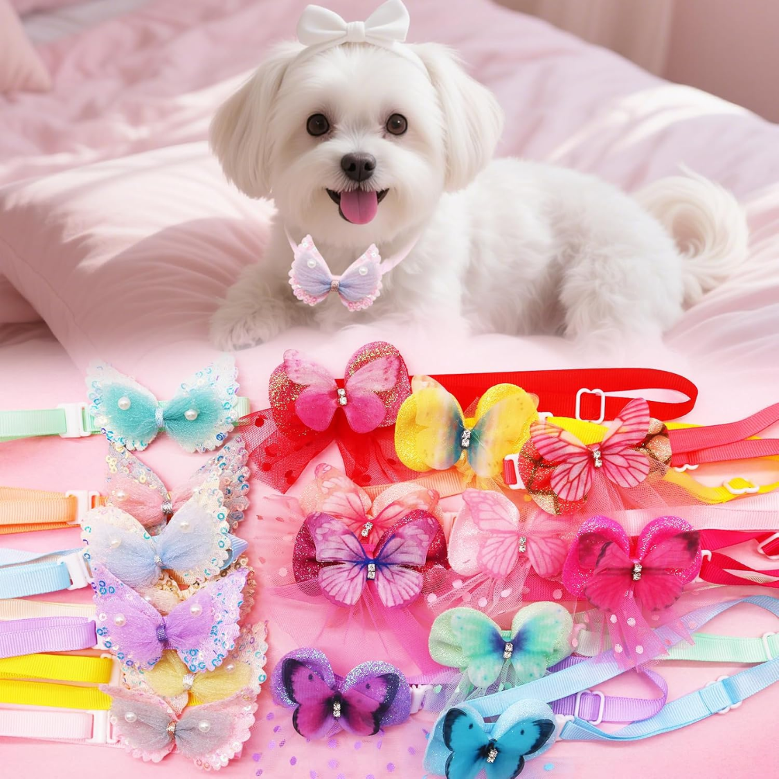 20Pcs Pet Bow Collars Set for Small Dogs & Cats - Multicolor Grooming Accessories