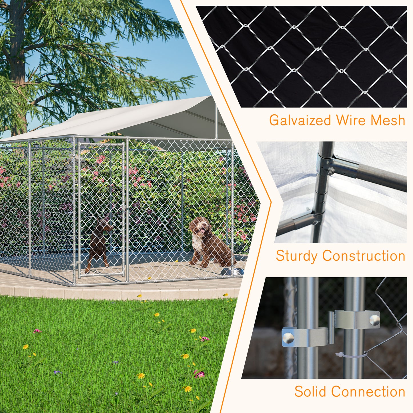 Heavy Duty Outdoor Dog Kennel 14.8x14.8x7.6 Ft, Galvanized Chain Link