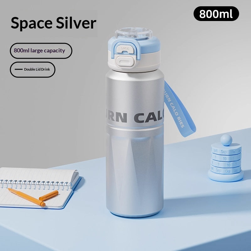 Double-Drink Insulated Cup with Straw and Large Capacity - Space Silver & Gradient Black