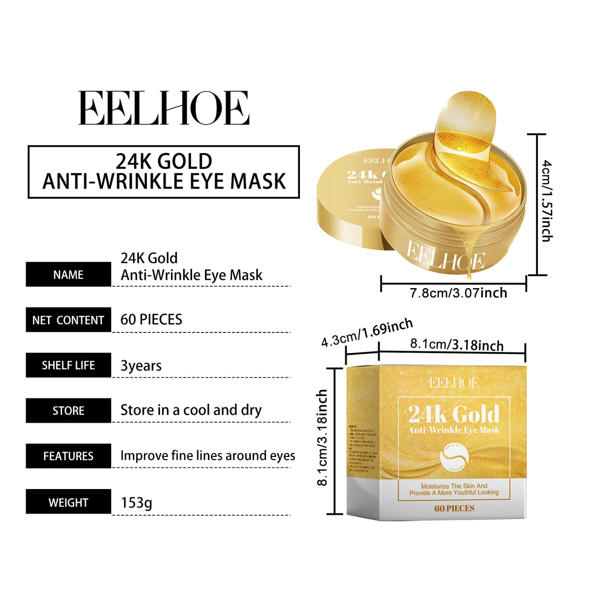 24K Gold Eye Mask Pack - Moisturizing Anti-Aging Eye Care 60pcs
