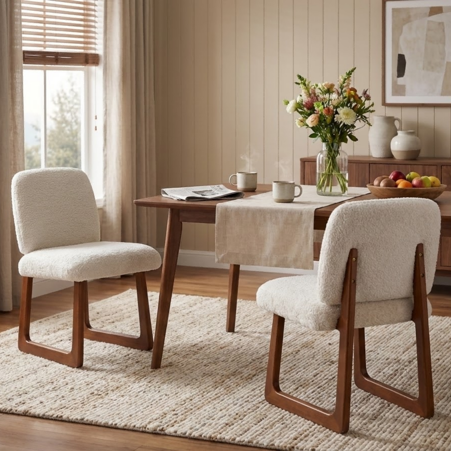 Plush Fabric Dining Chair Set of 2 with Curved Wooden Legs - Beige