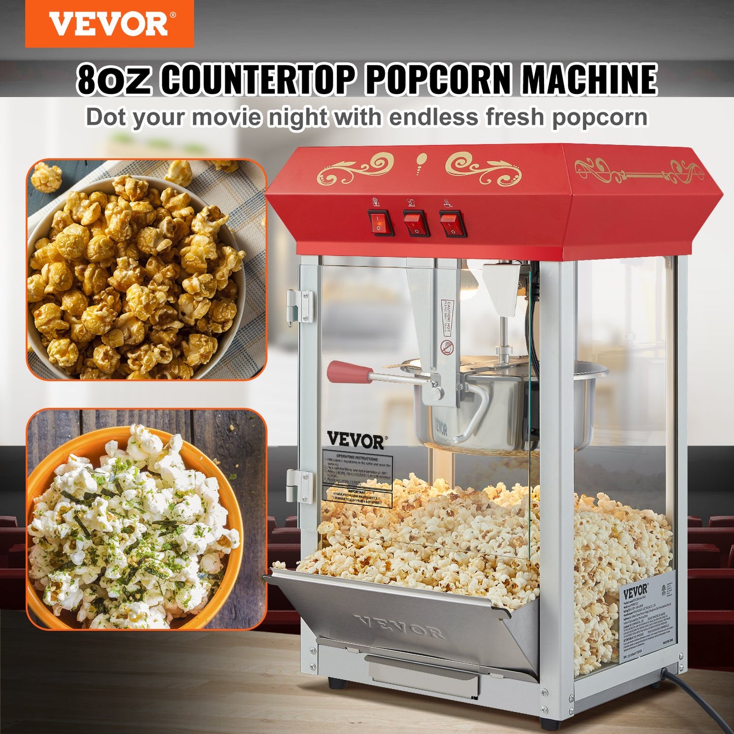 Countertop Popcorn Maker 8 Oz 850W Red Commercial Snack Machine