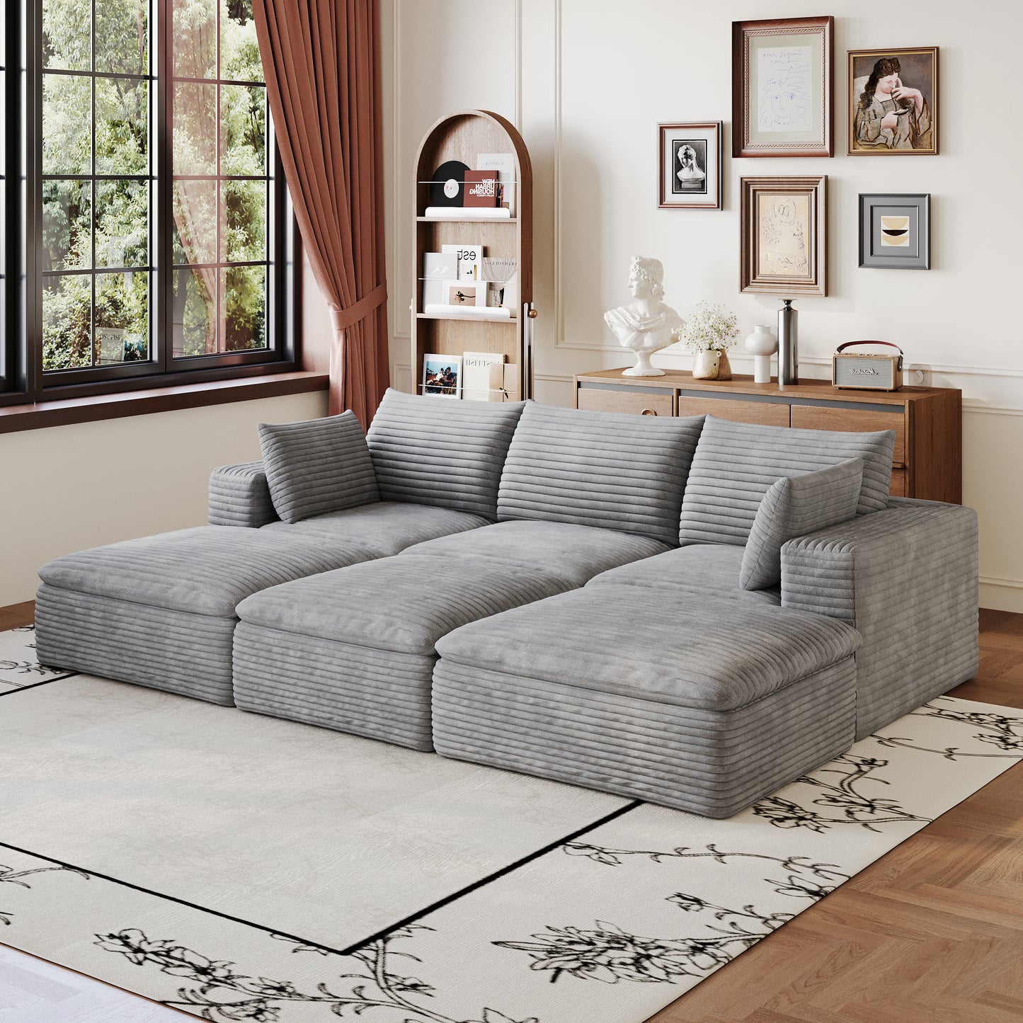 102" Cloud Sofa - Grey Corduroy Fabric, Deep Seat, No Assembly