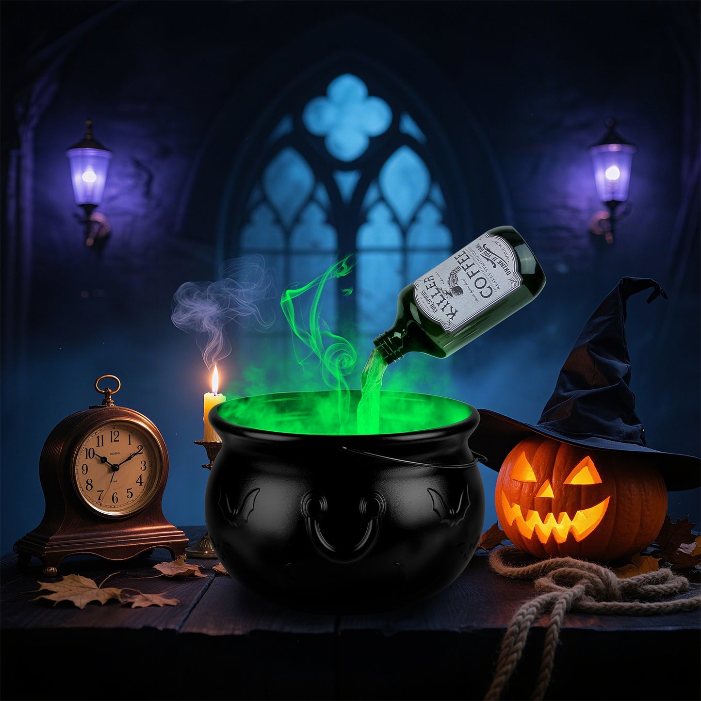 Halloween Floating Bottle Set with Cauldron & Green Mist