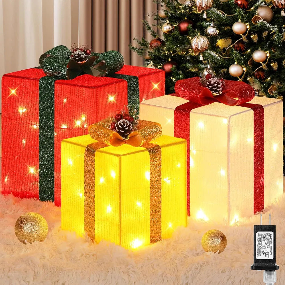 Large Christmas Gift Boxes with LED String Lights - 3 Pieces