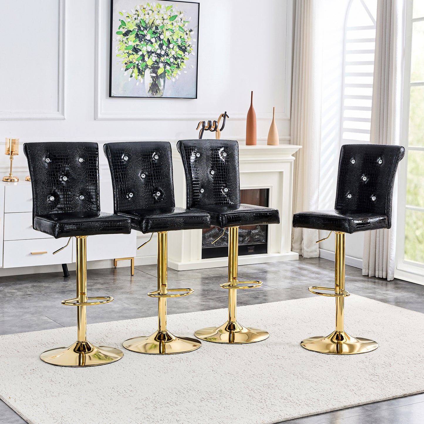 A Set Of 2 Black Vintage Crocodile Leather Lift Bar Chairs, Featuring
