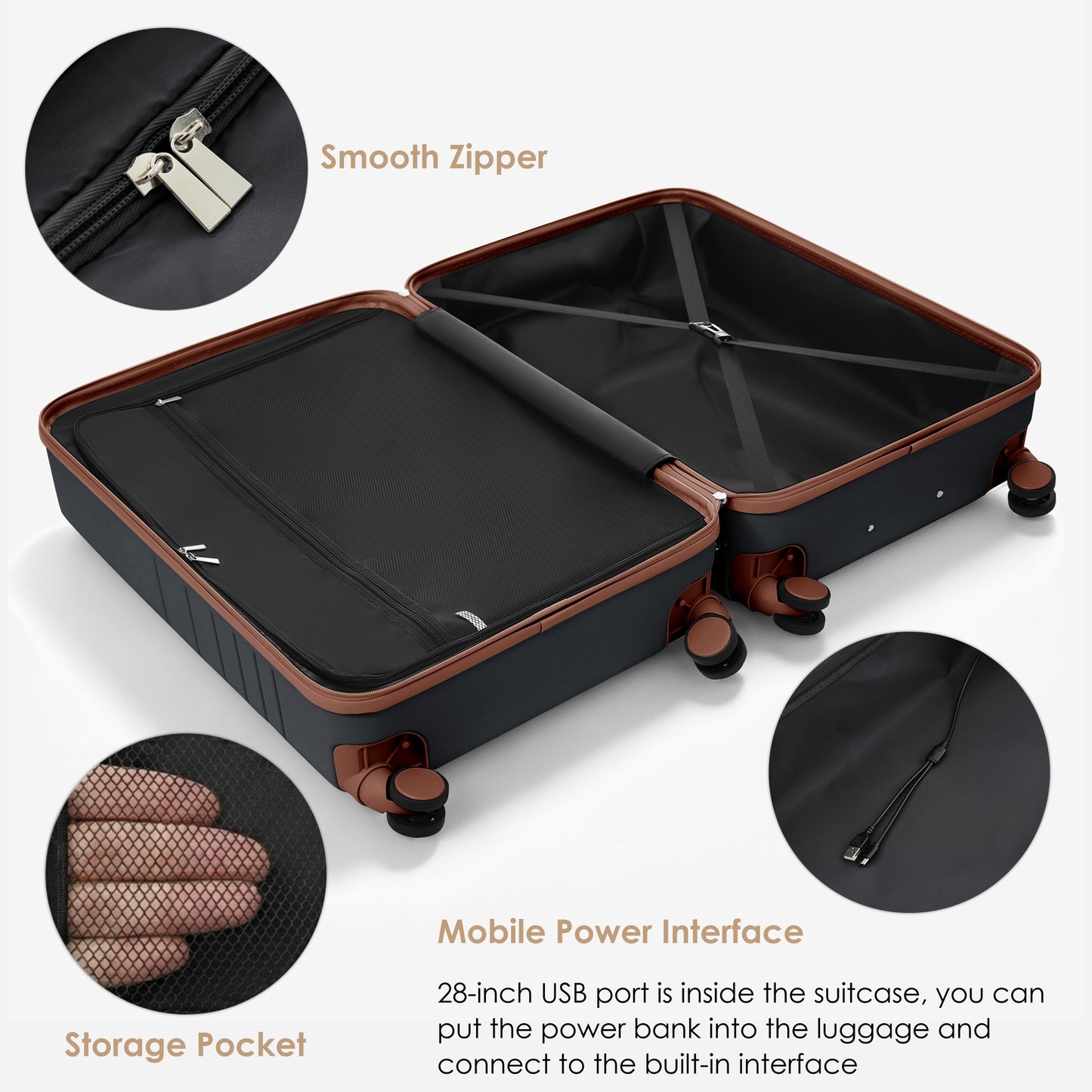 4-Piece Luggage Set with USB Charging Ports - Black & Brown