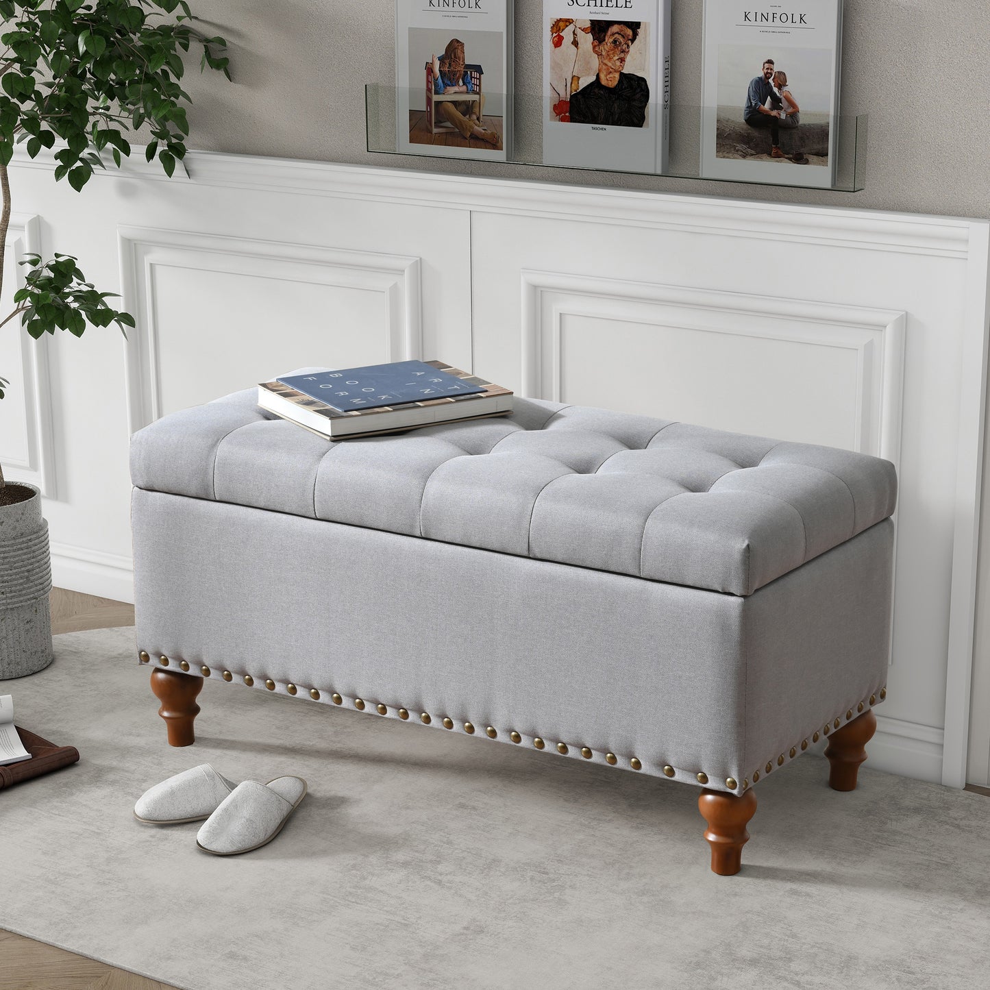 Ottoman Storage Bench, Recessed Support Hinge Top Easy To Open, Rivet