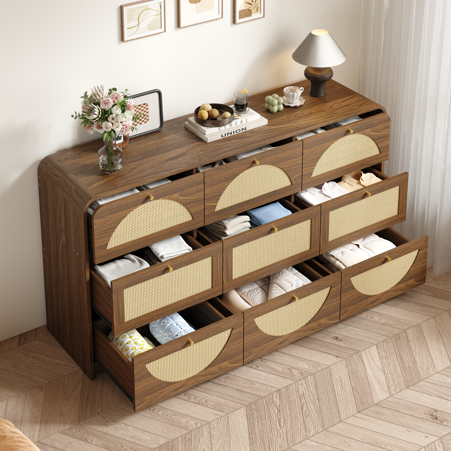 Modern 9-Drawer Dresser with Rattan Front - Walnut Finish