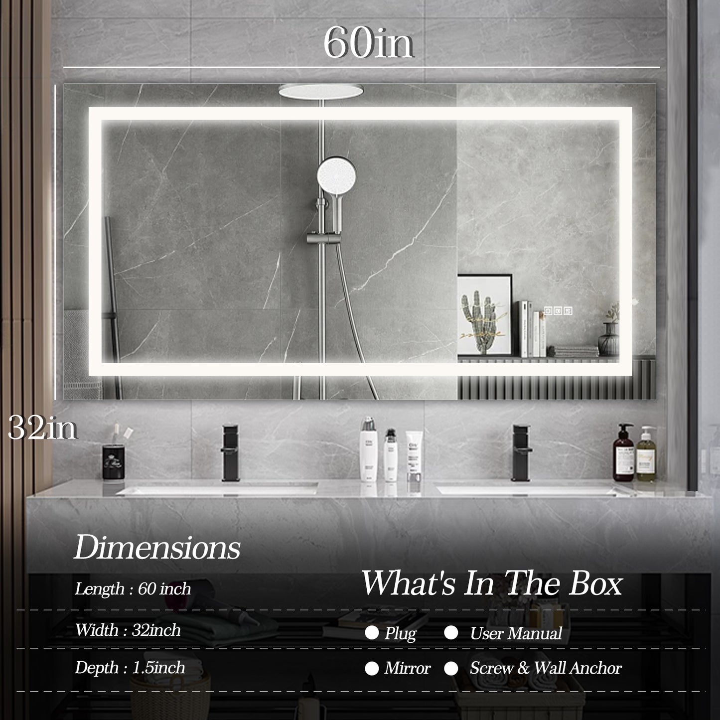 LED Bathroom Mirror 60x32 with Anti-Fog & Touch Sensor