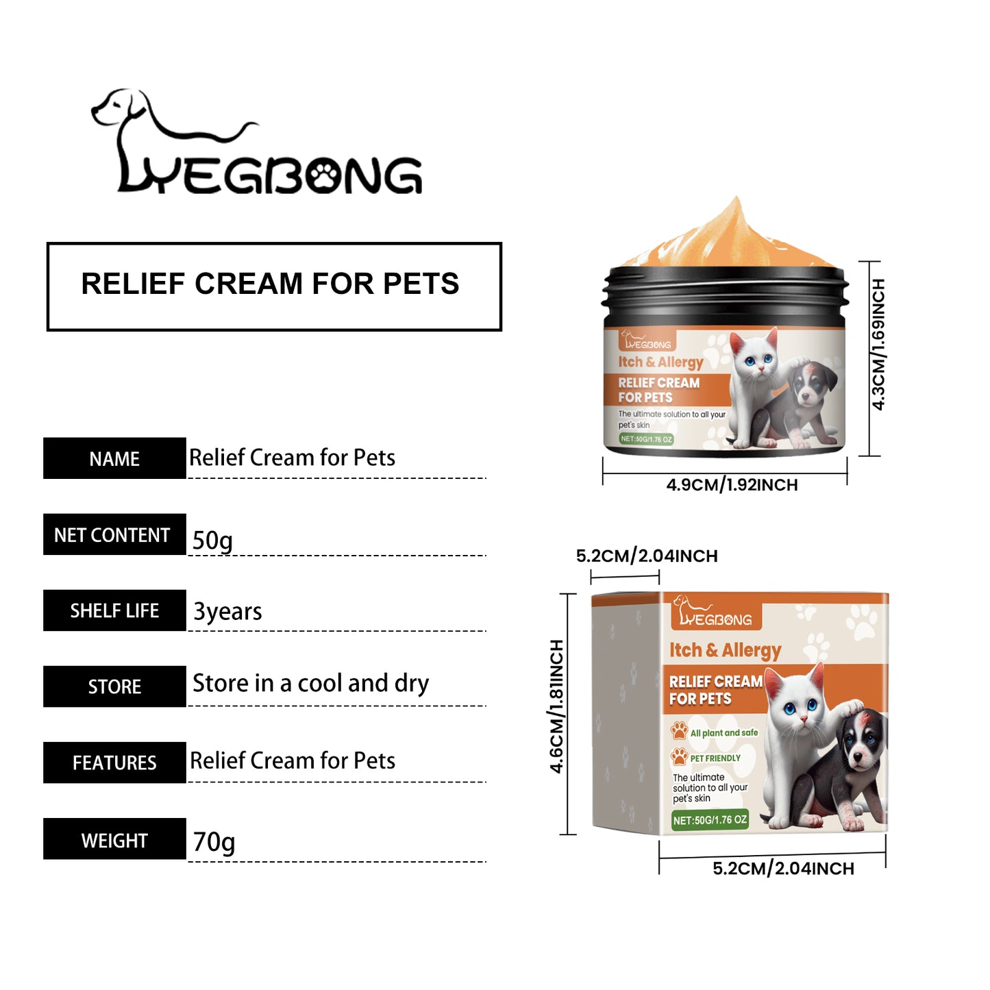 Pet Itch & Allergy Relief Cream for Dogs & Cats - Natural Herbal Skin Soothing 50g