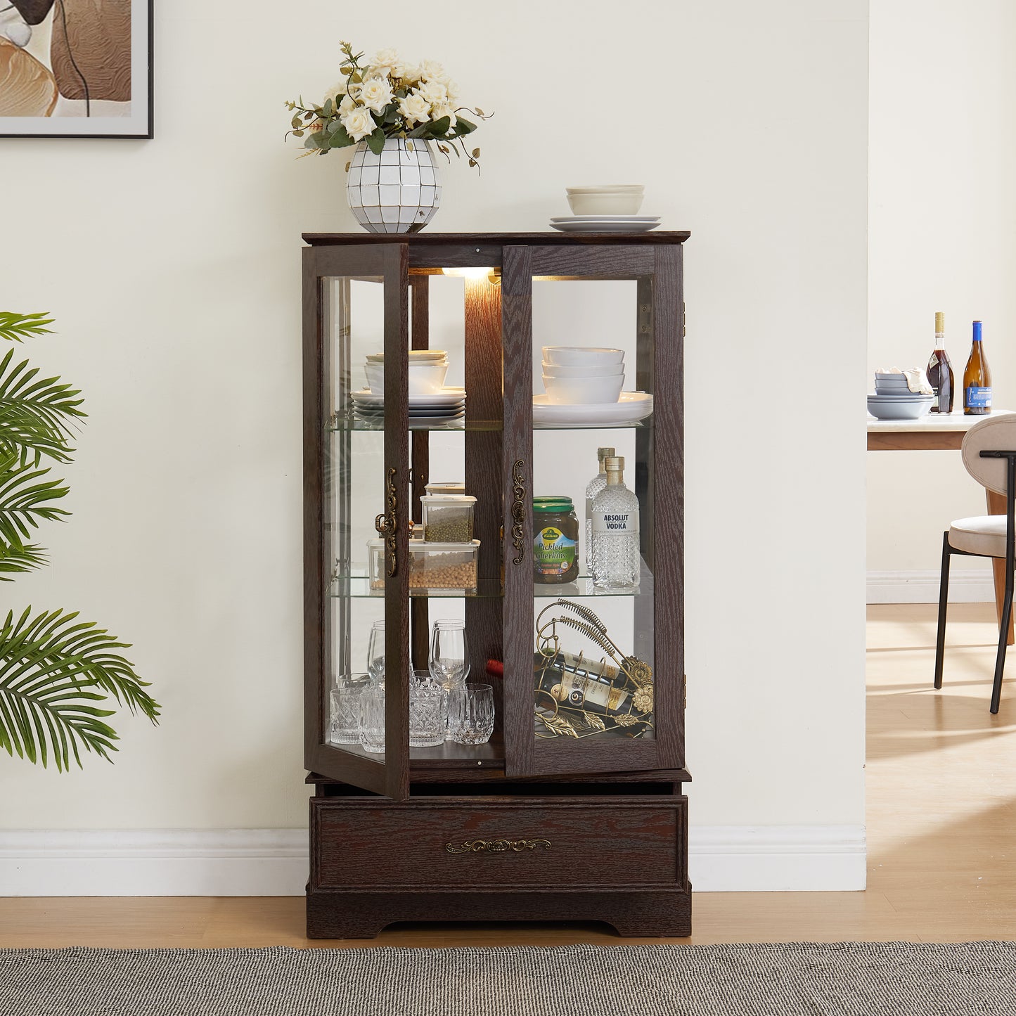 Lighted Glass Curio Cabinet with Adjustable Shelves & Drawer - Cherry
