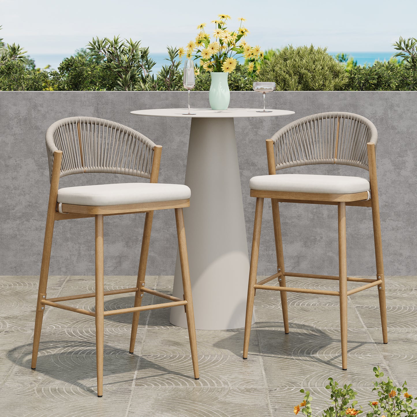 Outdoor 30.25 Seat Height Aluminum Frame Barstools With PE Rattan