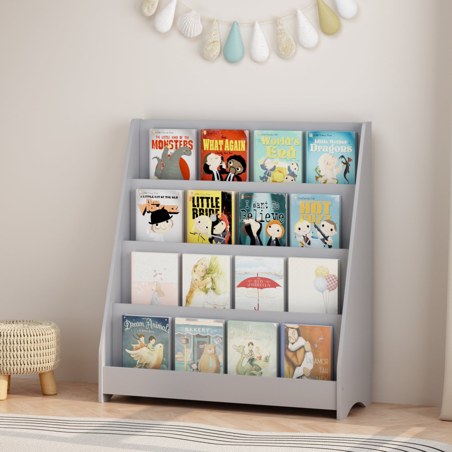 4-Tier Kids Bookshelf - Gray MDF Book Display for Bedrooms & Playrooms