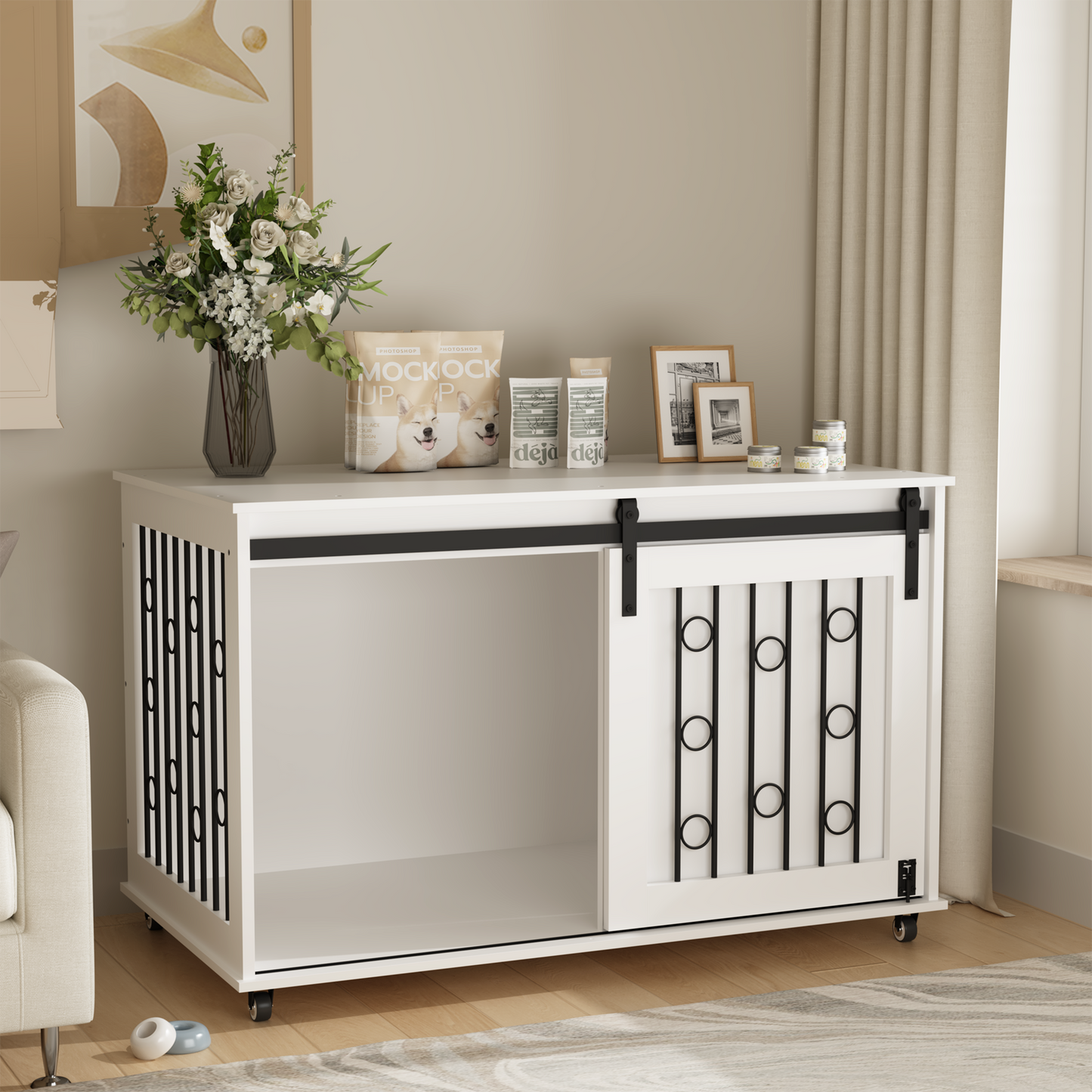 Modern Wooden Dog Crate with Sliding Barn Door – White