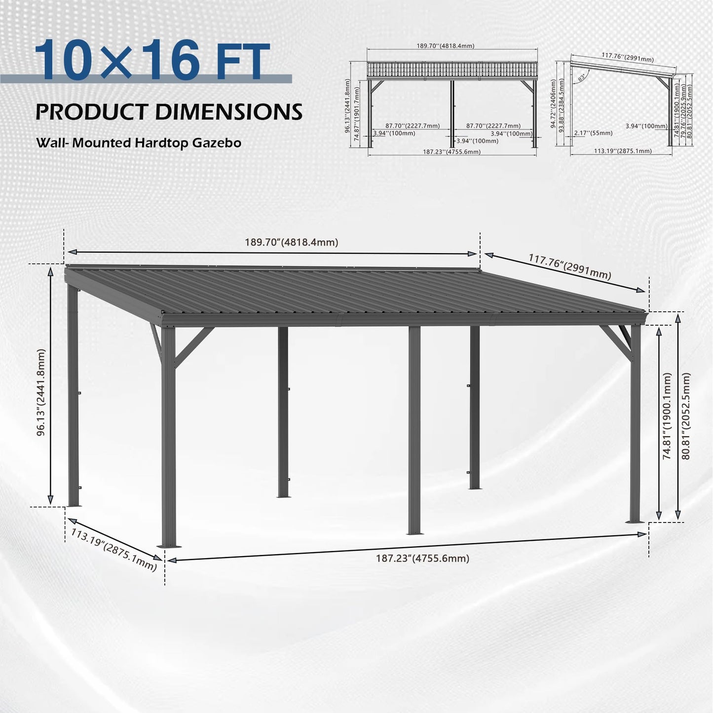 10 X16 Hardtop Wall Mounted Gazebo, Expandable Lean To Gazebo Pergola