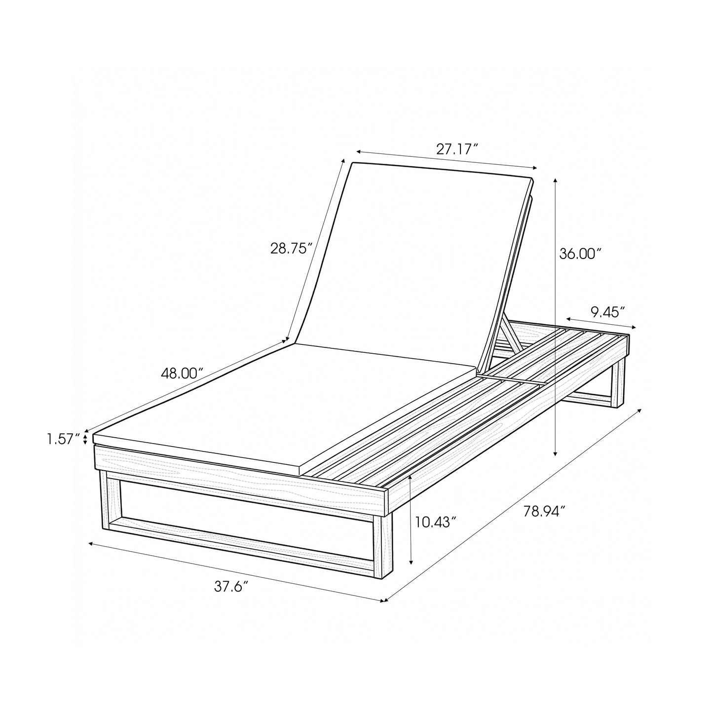 Black Acacia Wood Chaise Lounge with 4-Position Adjustable Cushion