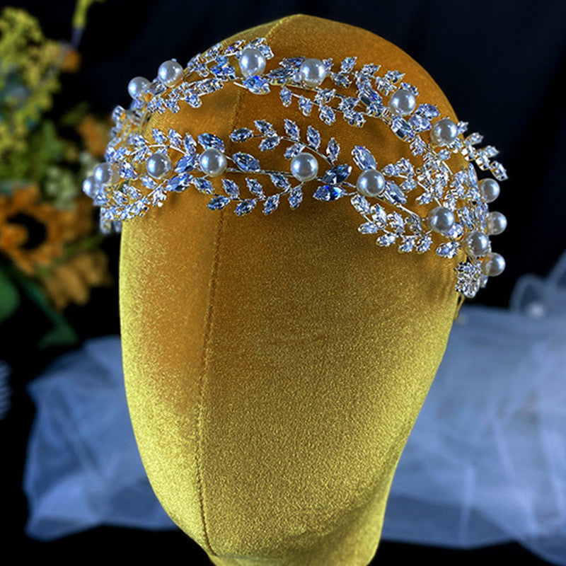 Bridal Pearl Zircon Crown Tiara - Silver