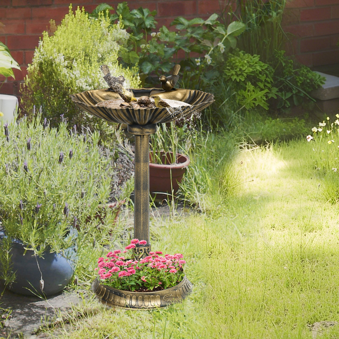32-Inch Bronze Bird Bath with Bird Statues and Planter Pedestal - Outdoor Decor