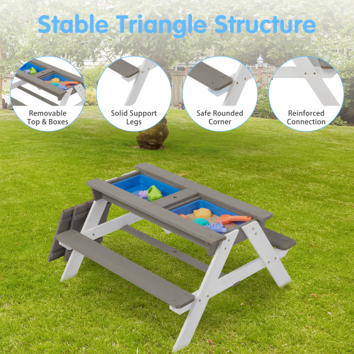 3-in-1 Kids Outdoor Wooden Picnic Table with Umbrella - Grey
