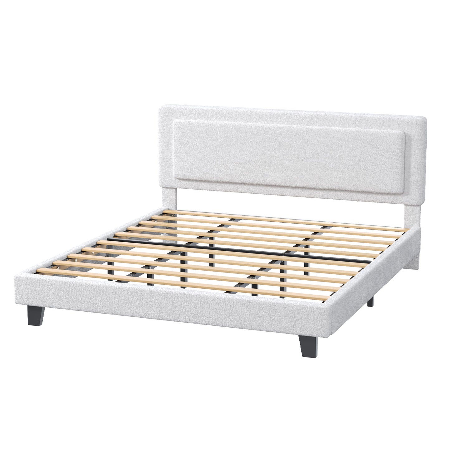 King Size Bed Frame With Adjustable Headboard Wood Slat Upholstered
