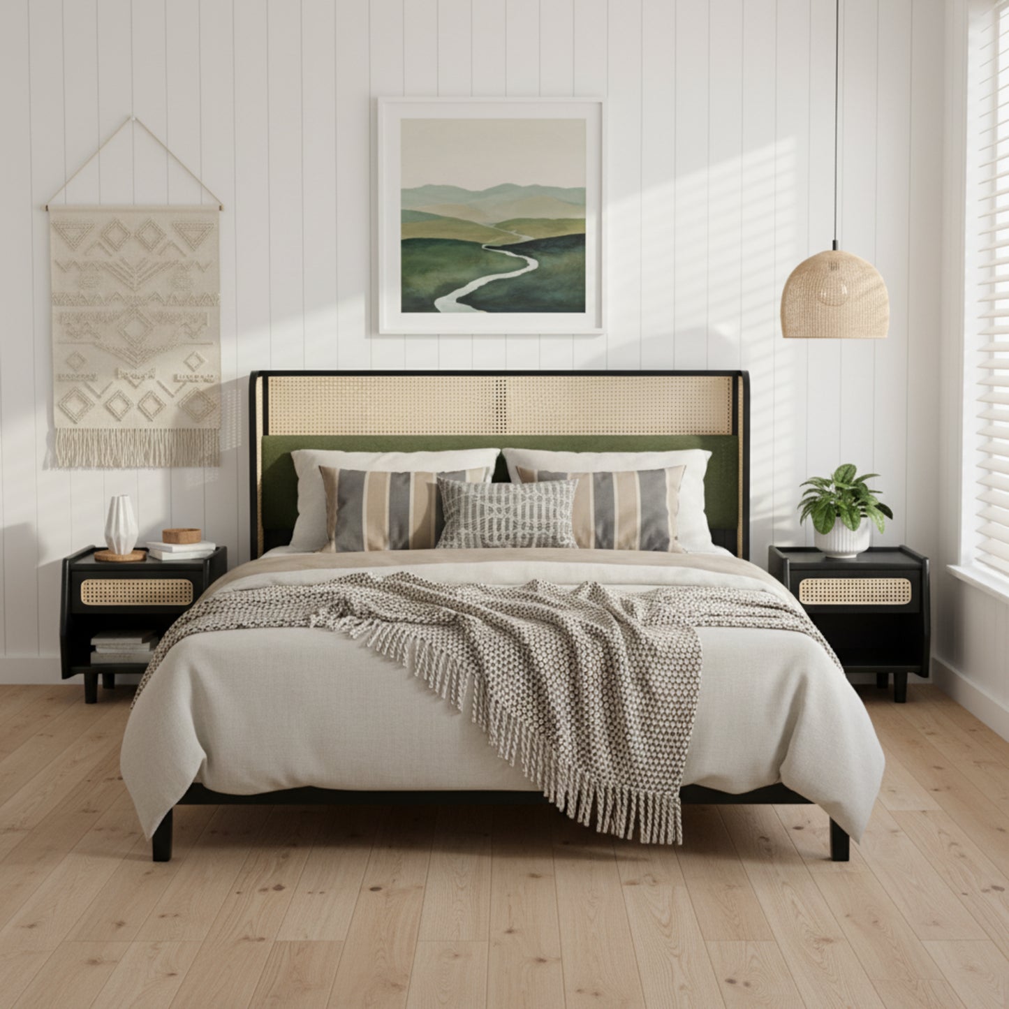 Queen Size Bed Frame with Green Headboard - Solid Wood, No Box Spring Required