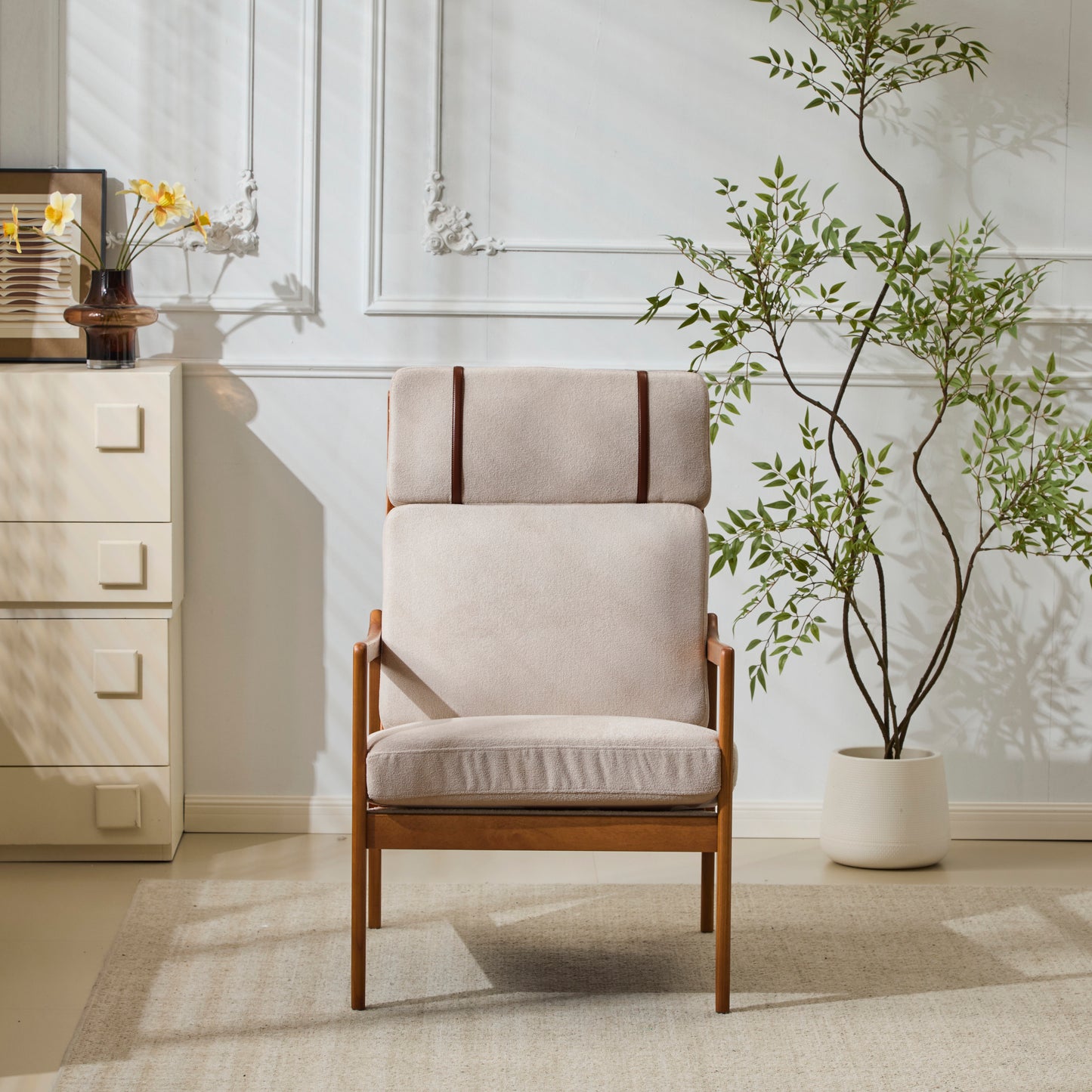 Mid Century Modern Accent Armchair, Solid Wood Frame With High Back,