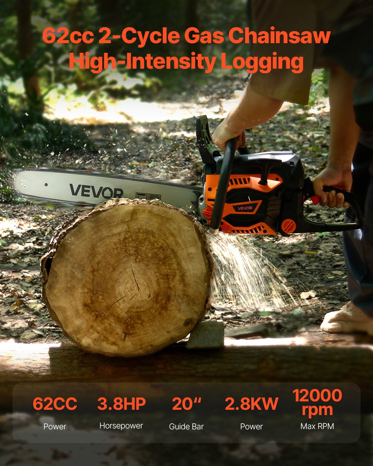 62cc Gas Chainsaw 3.8HP 20 Inch Wood Cutting Power Tool - Multicolor