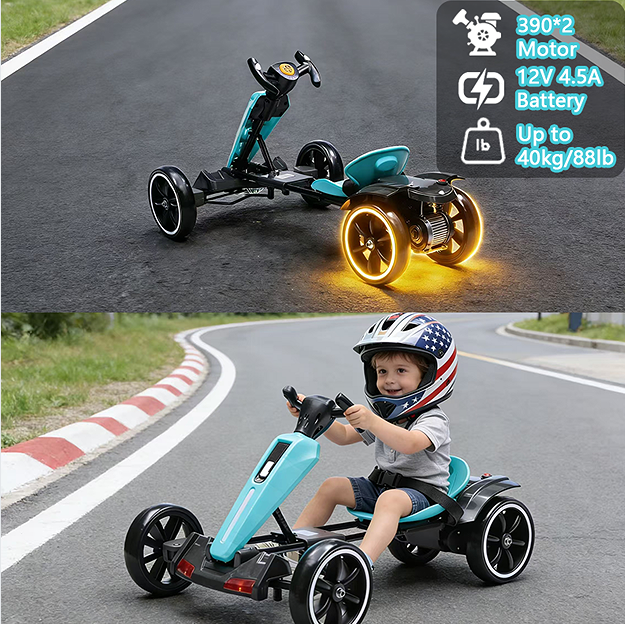 12V Electric Kids Pedal Go Kart with Adjustable Seat - Light Blue