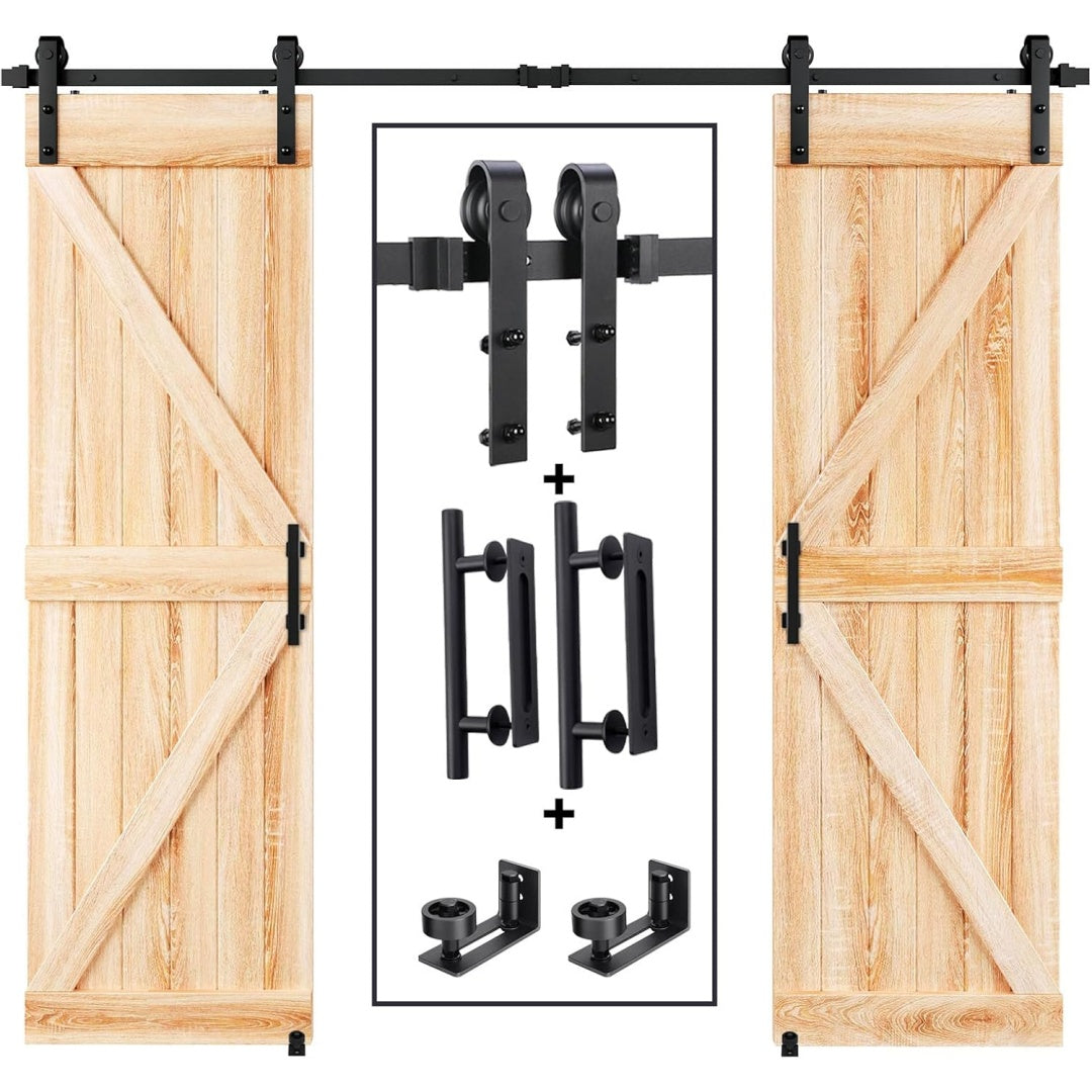 8 FT Double Sliding Barn Door Track Kit - Black Hardware