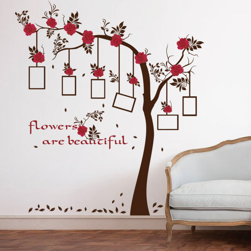Red Flower Wall Stickers - Tree Frame Bedroom Living Room Decor 60x90cm