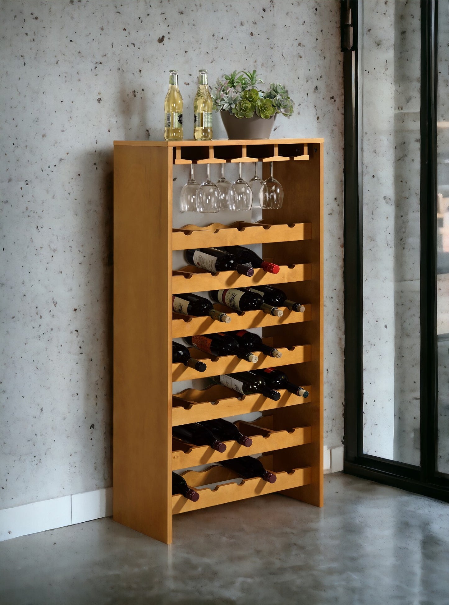 Hanzi Oak Finish Wine Rack - 35 Bottle Capacity with Cup Holders