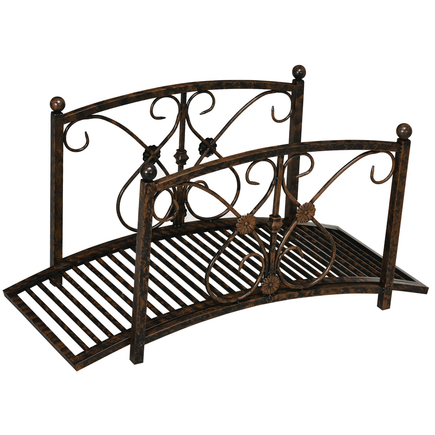 Metal Garden Bridge with Safety Railings - Vintage Style Pond Footbridge Brown