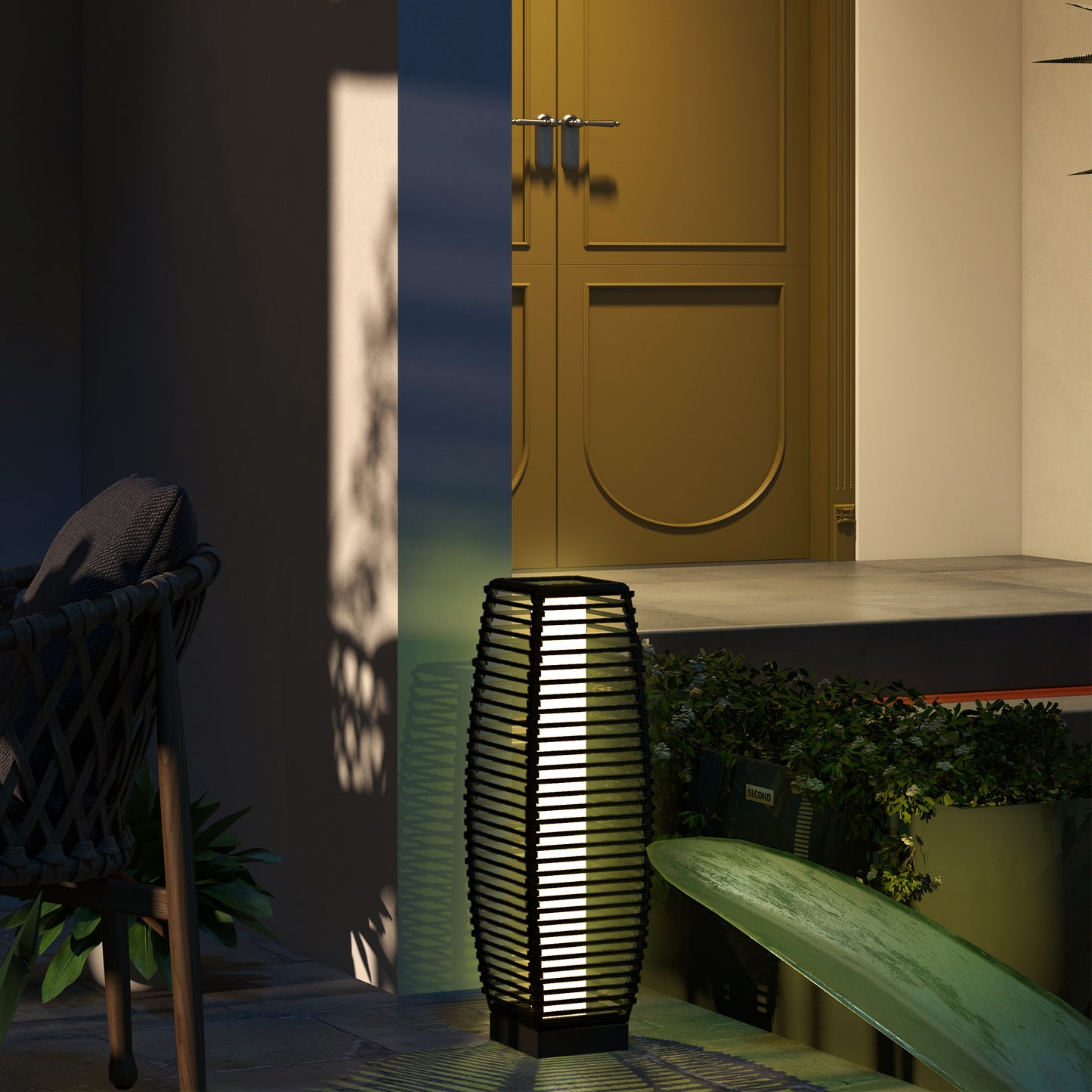 Solar Rattan Floor Lamp - Outdoor Garden Pathway Lighting, Black
