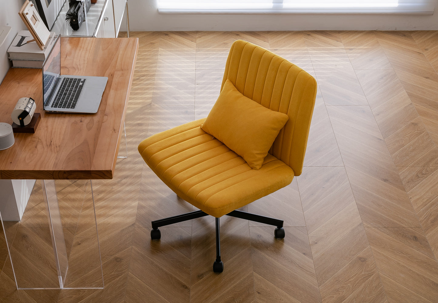 Yellow Linen Criss Cross Office Chair with Wheels - Ergonomic Design